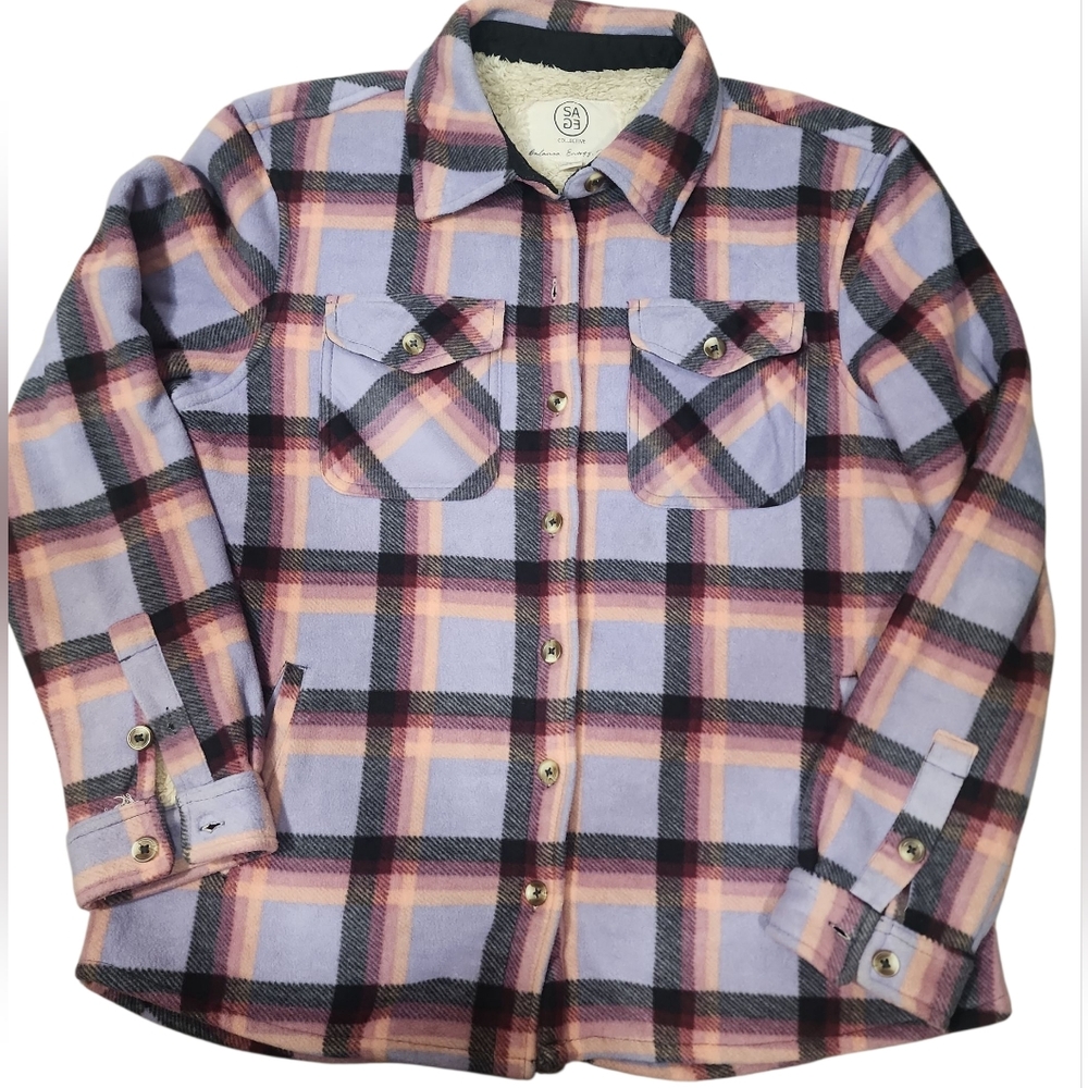 Sage Ladie's Plush Plaid Shirt Jacket In Purple. M - Picture 8 of 14